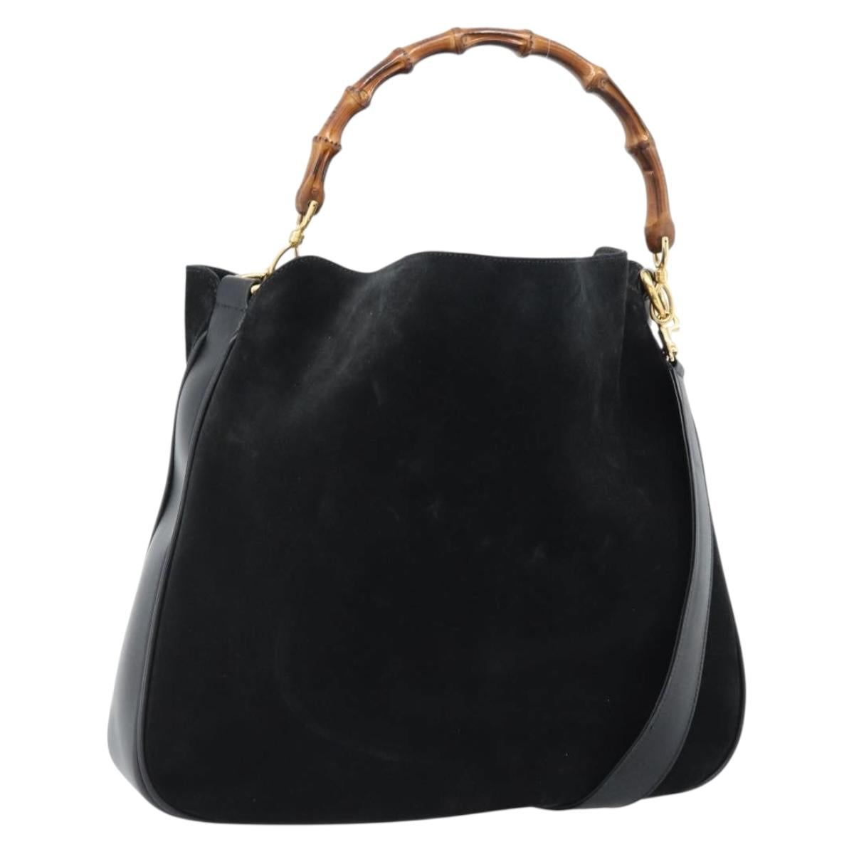 GUCCI Bamboo Shoulder Bag Suede 2way Black Gold 001 1577 2615 Auth 184617