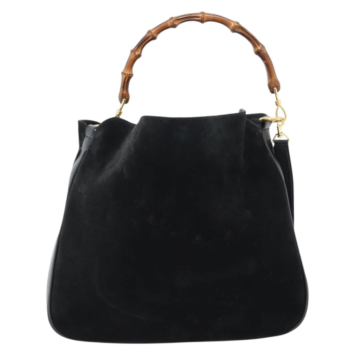 GUCCI Bamboo Shoulder Bag Suede 2way Black Gold 001 1577 2615 Auth 184617