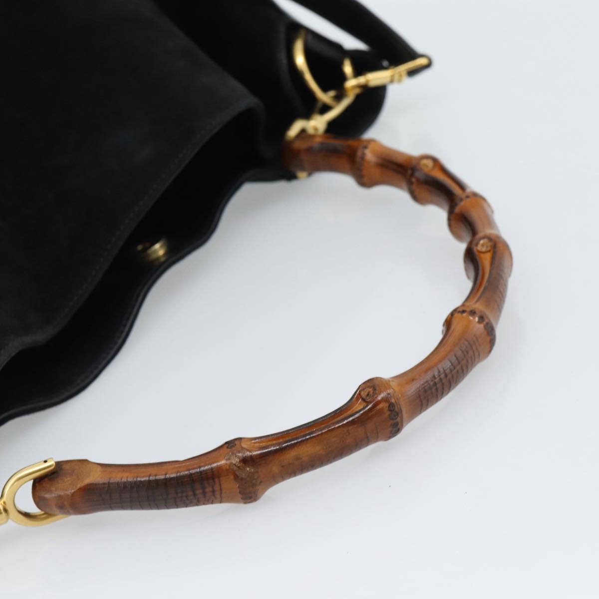 GUCCI Bamboo Shoulder Bag Suede 2way Black Gold 001 1577 2615 Auth 184617