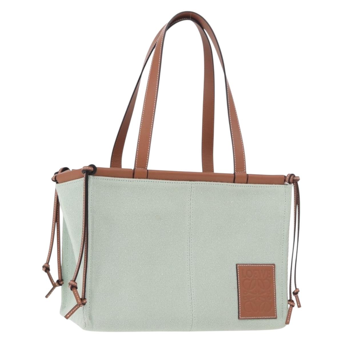 LOEWE Anagram Cushion Tote Bag Canvas Leather Mint Green Auth 184625M