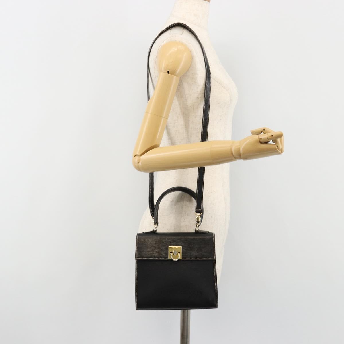 CELINE Hand Bag Leather 2way Black Gold Auth 184631A