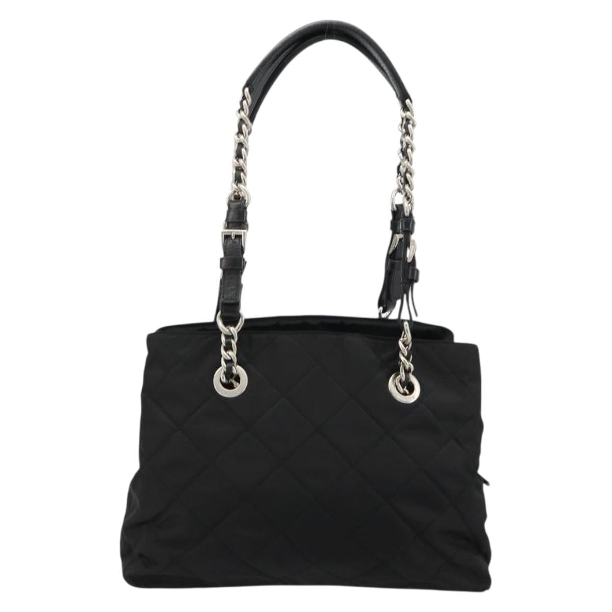 PRADA Chain Shoulder Bag Nylon Black Silver Auth 184635V