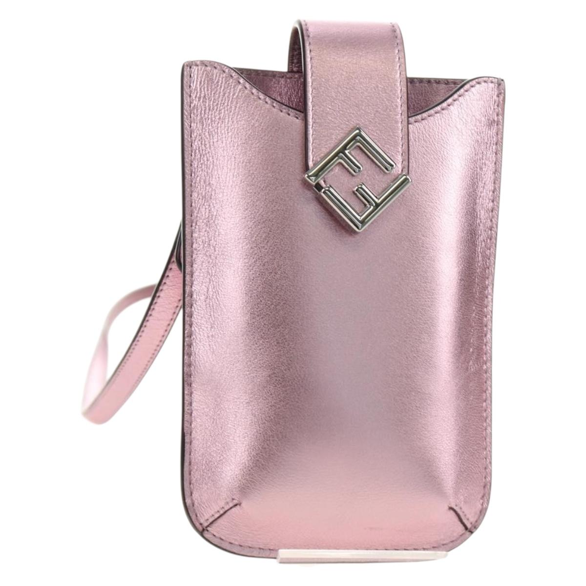 FENDI Pouch Shoulder Bag Leather Pink Silver Auth 184645M