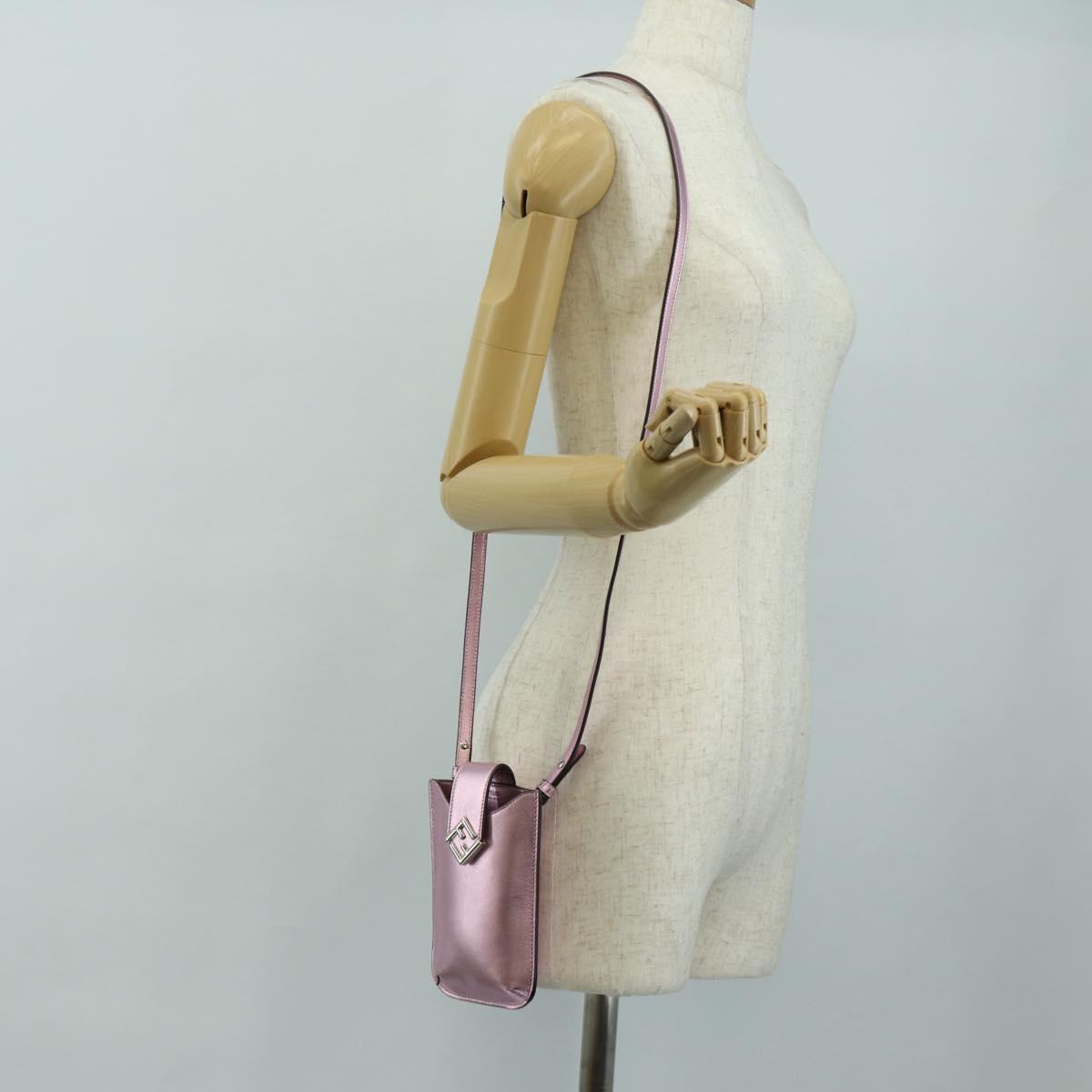 FENDI Pouch Shoulder Bag Leather Pink Silver Auth 184645M