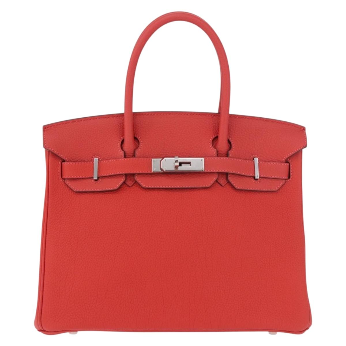 HERMES Birkin 30 Hand Bag Taurillon Leather Red Silver Auth 184651SAM