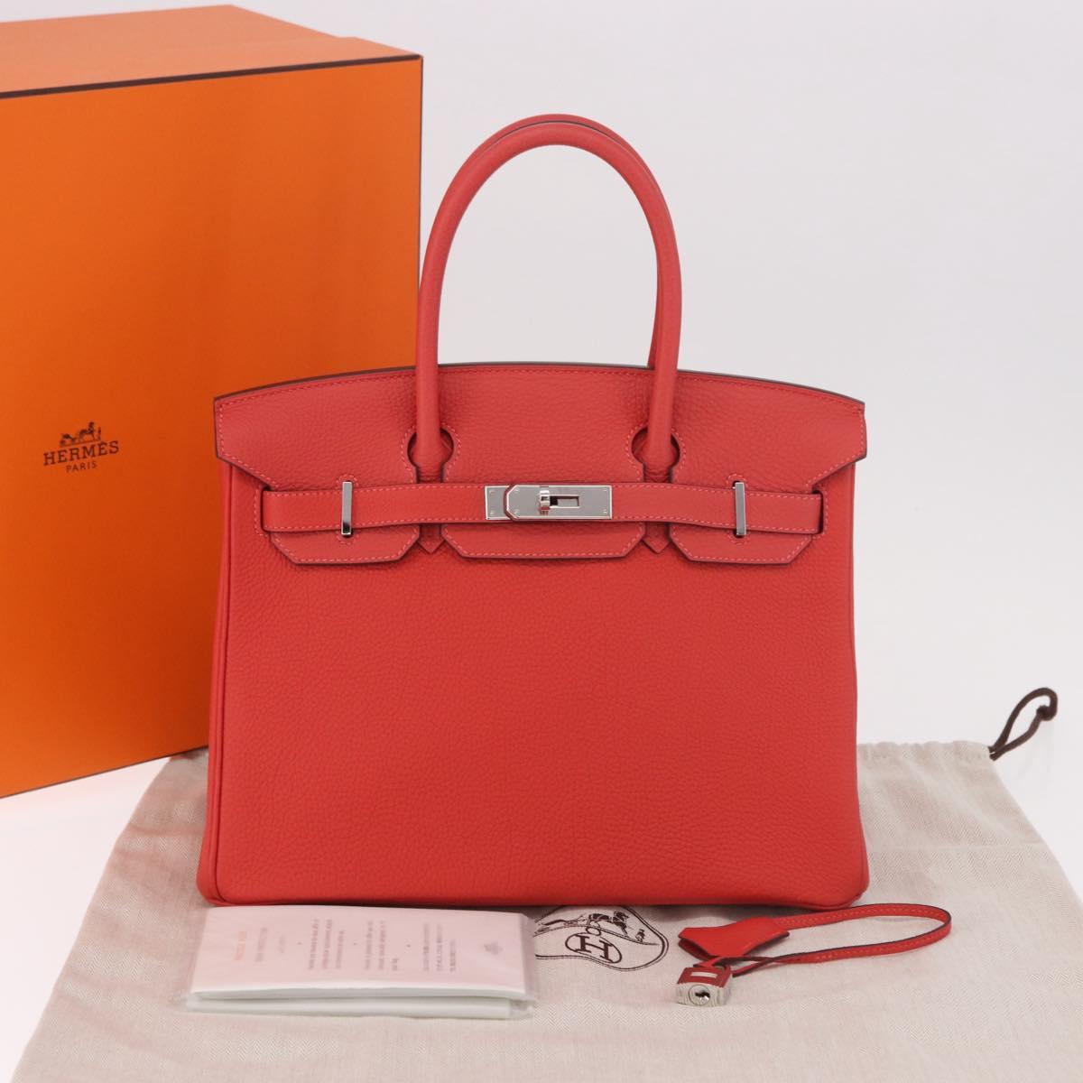 HERMES Birkin 30 Hand Bag Taurillon Leather Red Silver Auth 184651SAM