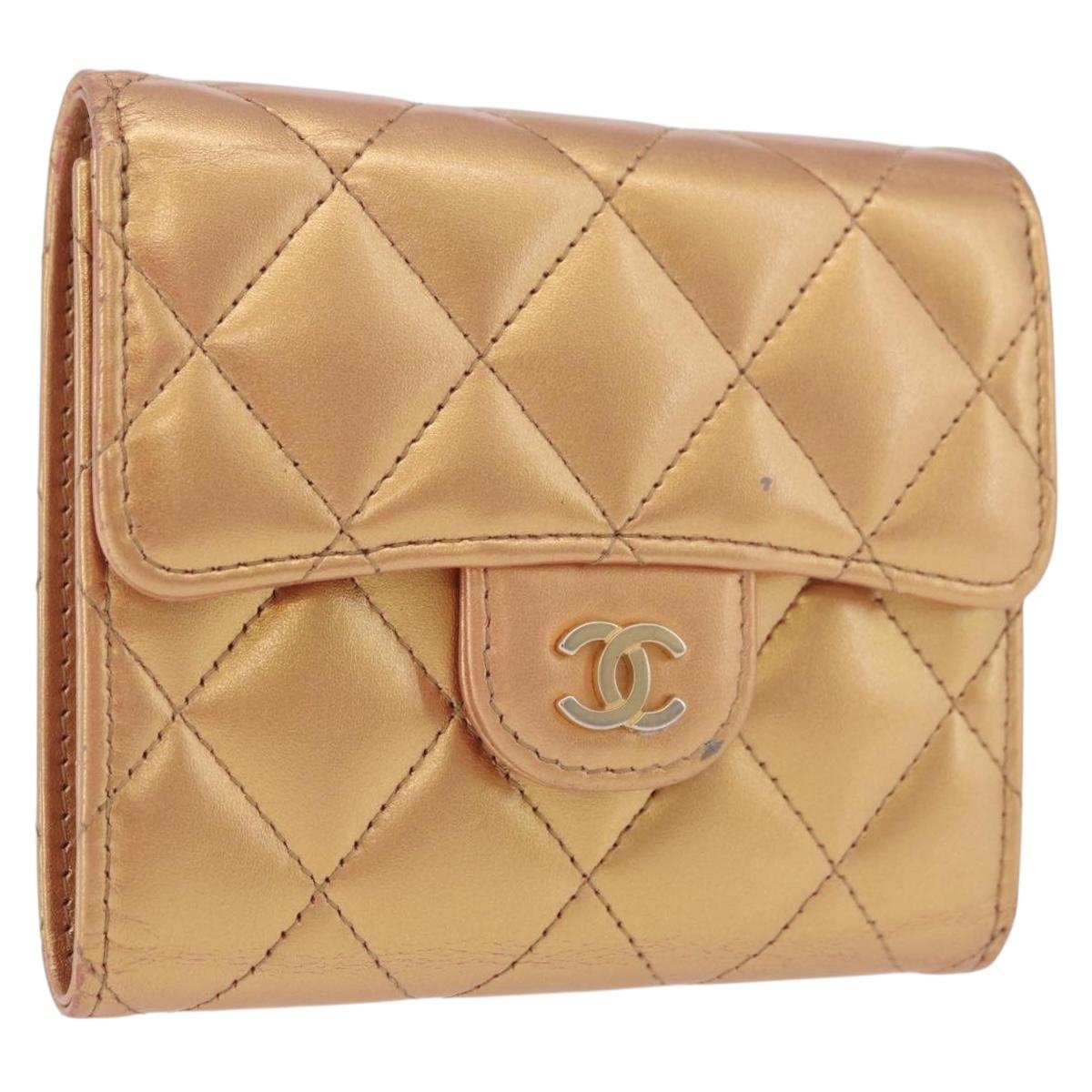 CHANEL Matelasse Compact Wallet Lamb Skin Gold CC Auth 184655M