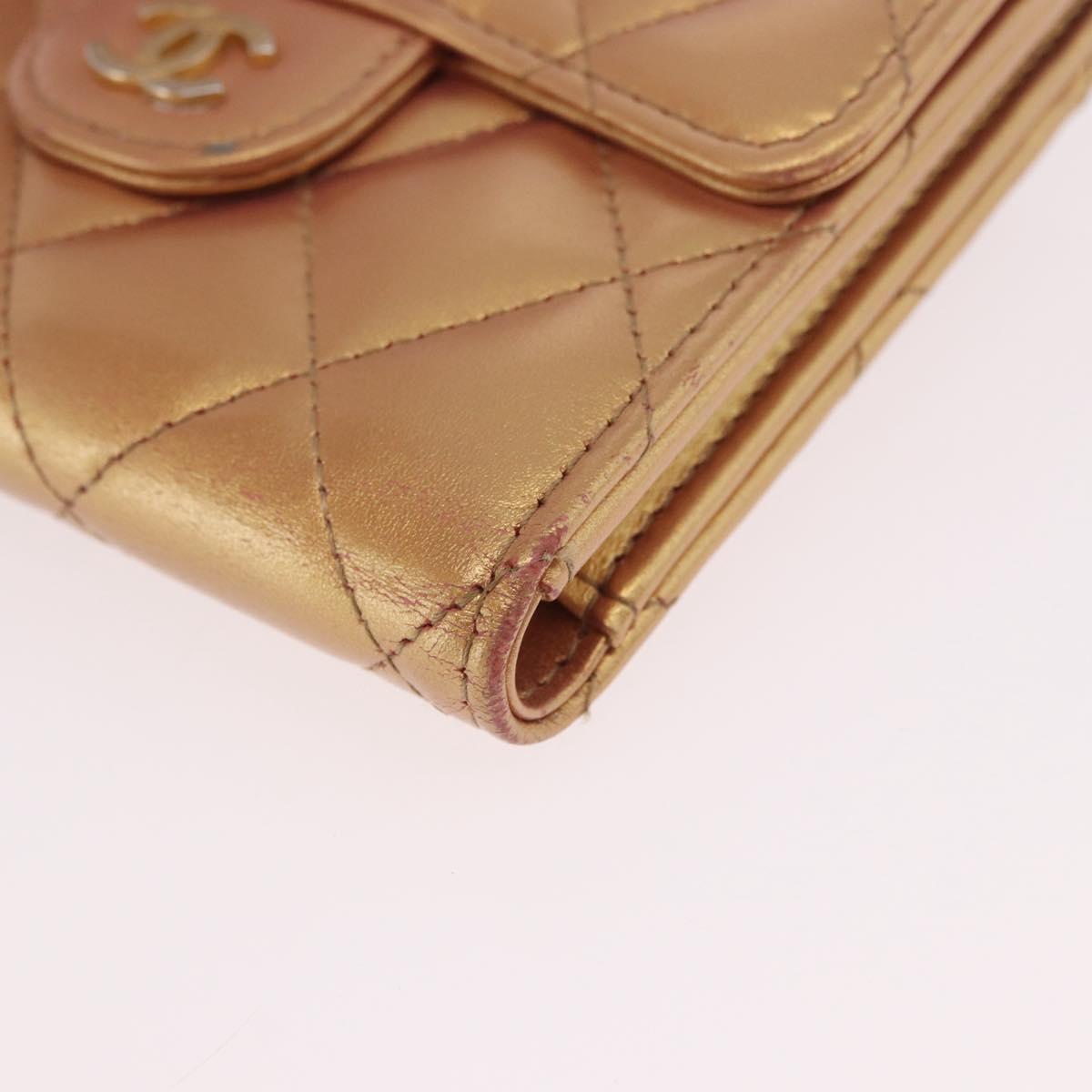 CHANEL Matelasse Compact Wallet Lamb Skin Gold CC Auth 184655M