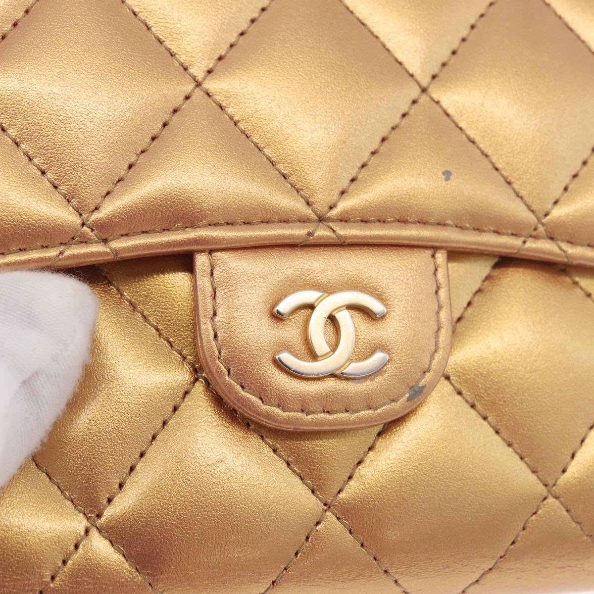 CHANEL Matelasse Compact Wallet Lamb Skin Gold CC Auth 184655M