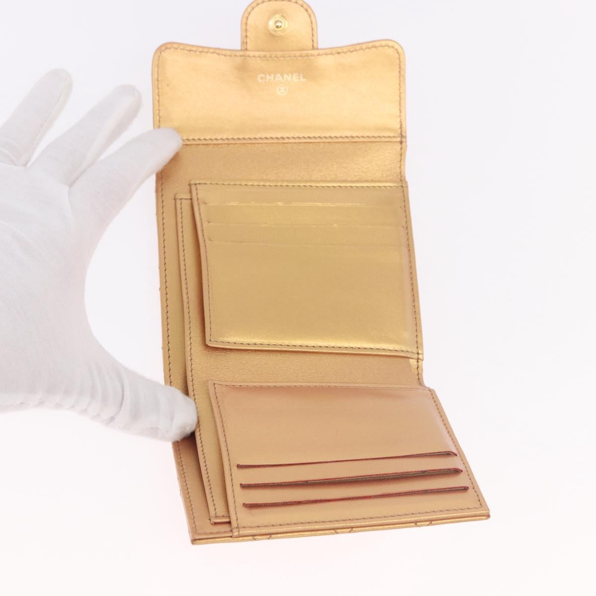 CHANEL Matelasse Compact Wallet Lamb Skin Gold CC Auth 184655M