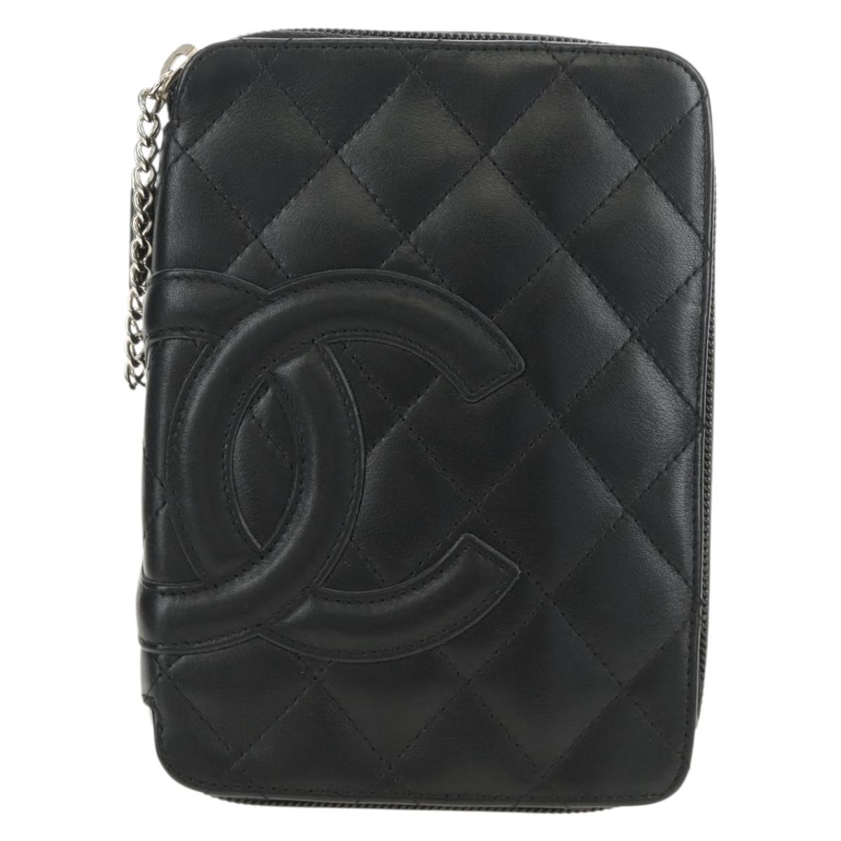 CHANEL Cambon Line Matelasse Pouch Leather Black Silver CC Auth 184661V
