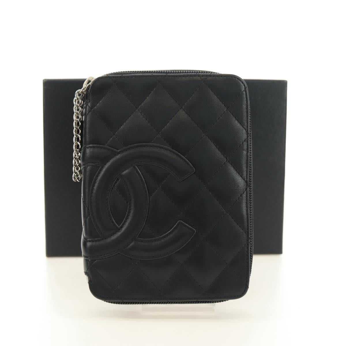 CHANEL Cambon Line Matelasse Pouch Leather Black Silver CC Auth 184661V