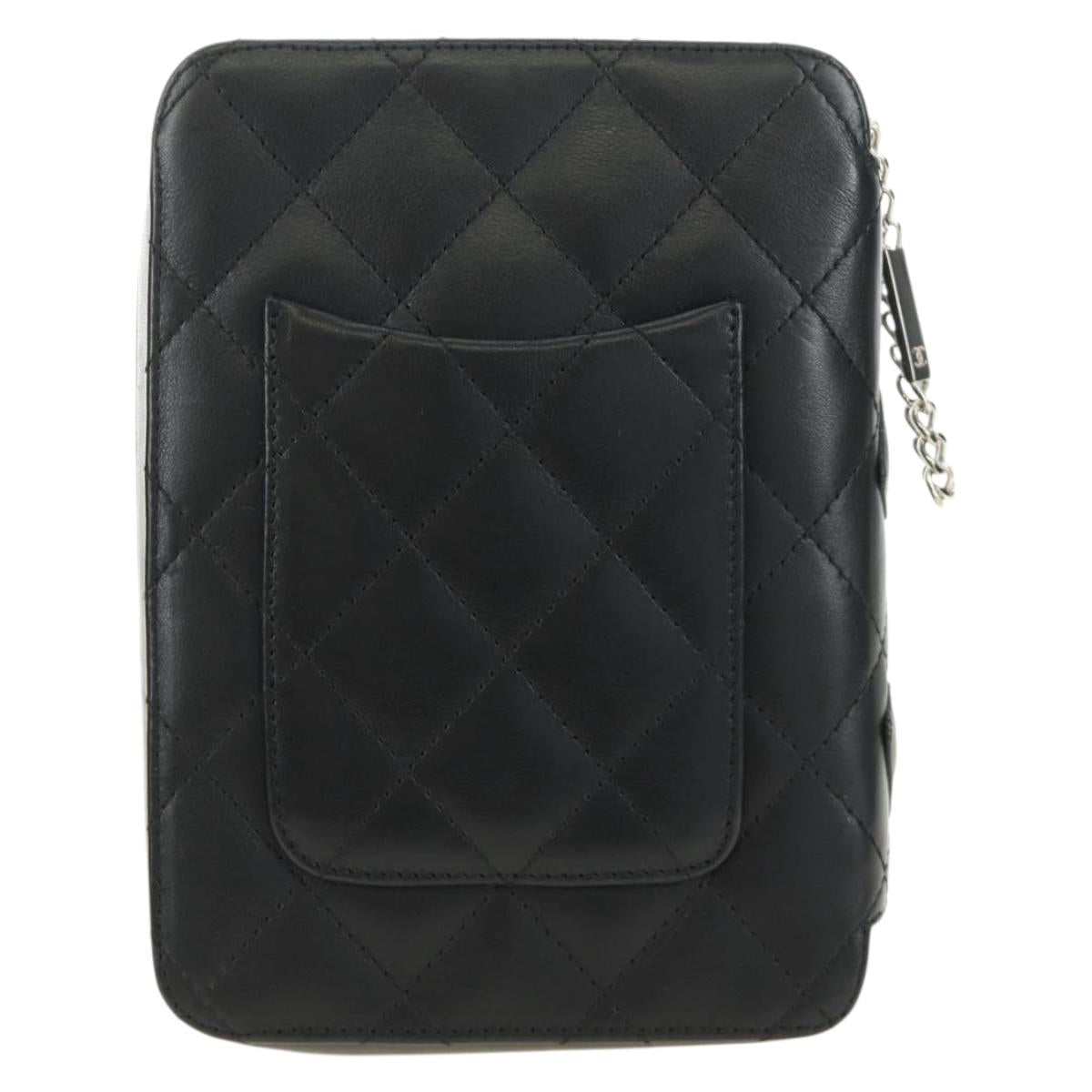 CHANEL Cambon Line Matelasse Pouch Leather Black Silver CC Auth 184661V