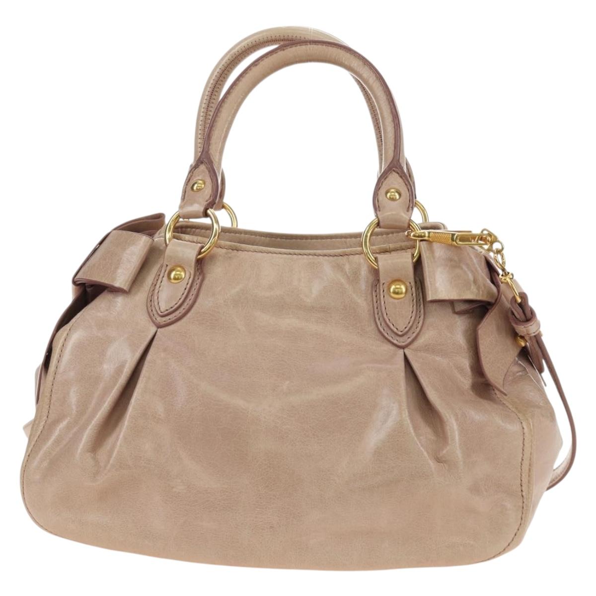 Miu Miu Ribbon Hand Bag Leather 2way Beige Gold Auth 184677M