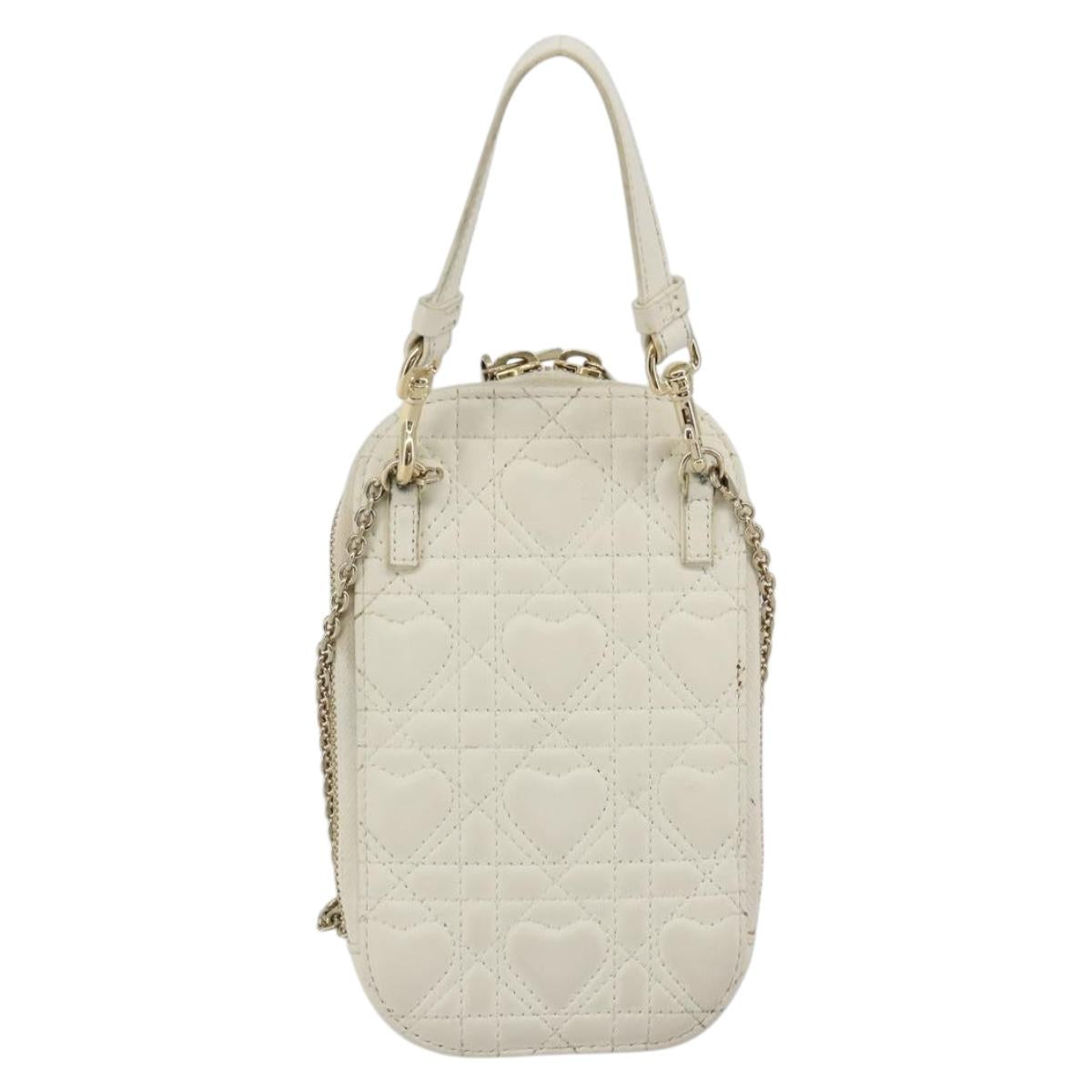 Christian Dior Heart Cannage Chain Shoulder Phone Leather White Auth 184688A