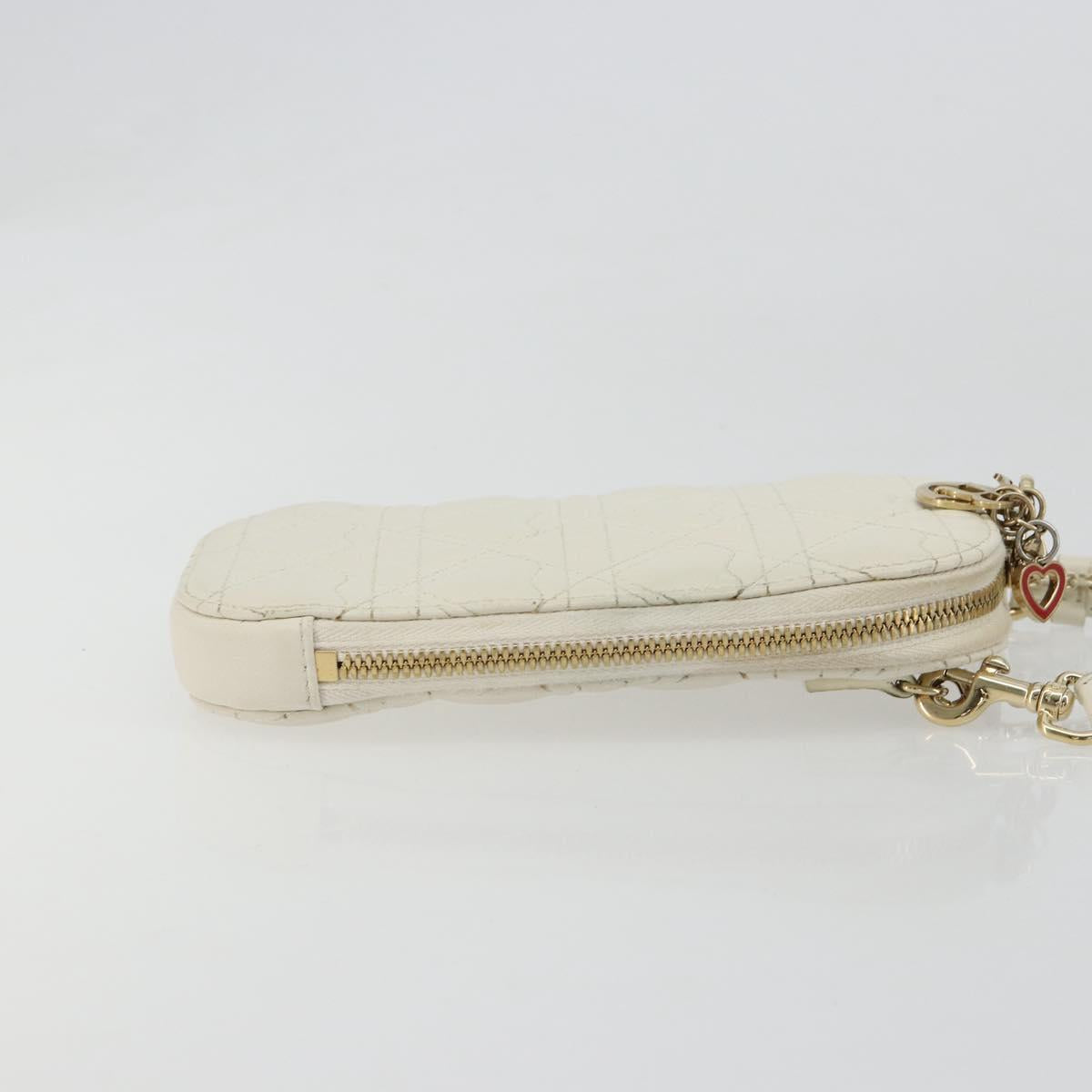 Christian Dior Heart Cannage Chain Shoulder Phone Leather White Auth 184688A