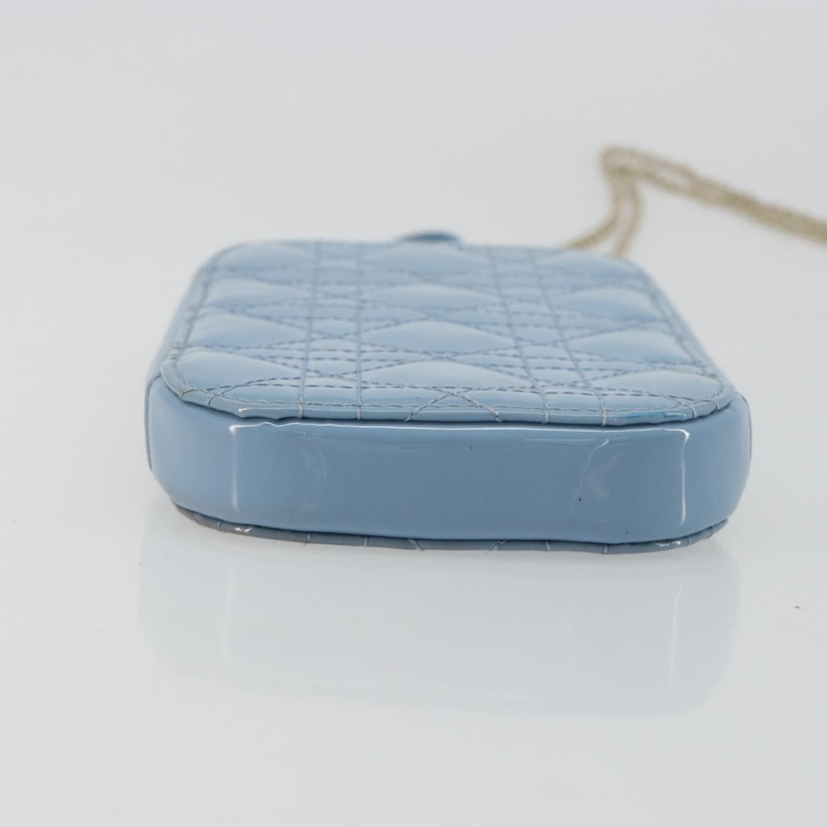Christian Dior Cannage Phone Case Bag Patent leather Light Blue Auth 184689A