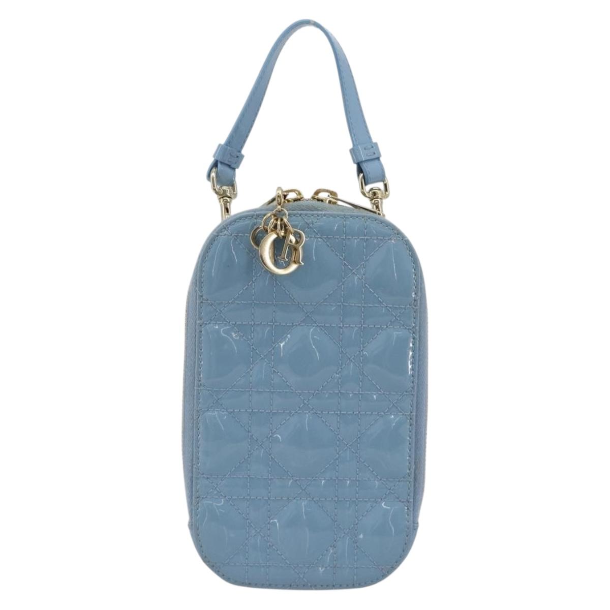Christian Dior Cannage Phone Case Bag Patent leather Light Blue Auth 184689A