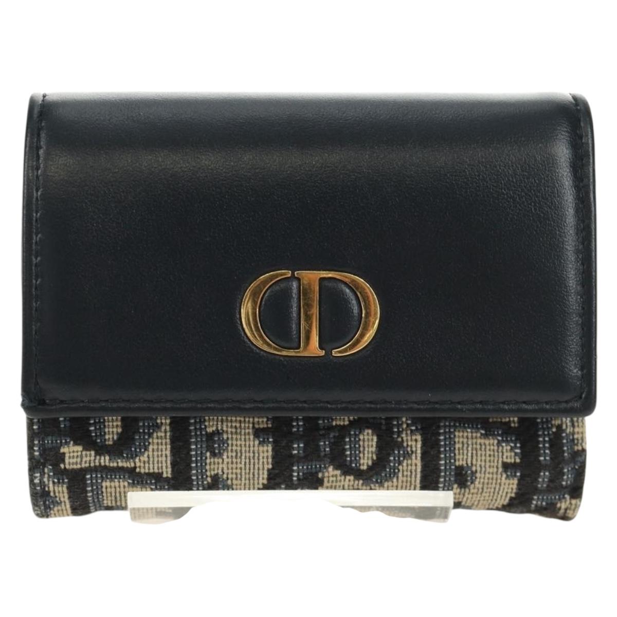 Christian Dior Trotter Canvas Card Case Navy Gold Auth 184692M