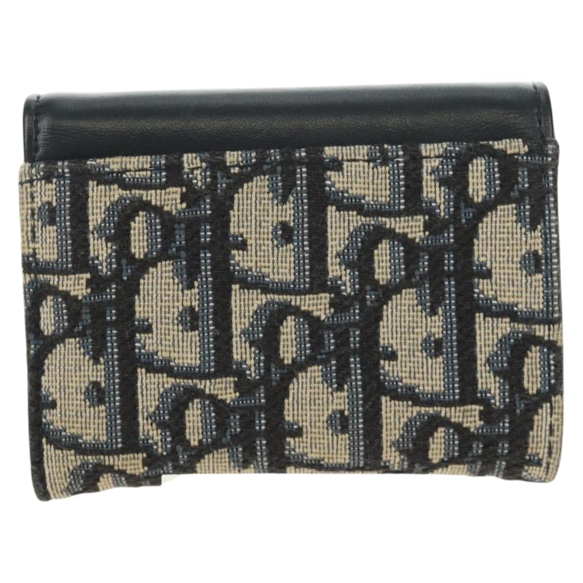 Christian Dior Trotter Canvas Card Case Navy Gold Auth 184692M