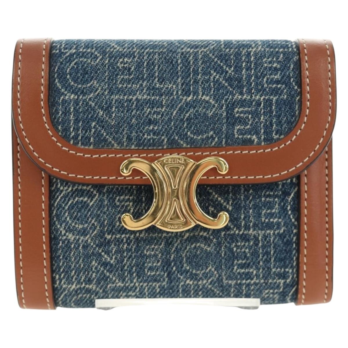 CELINE Triomphe Wallet Denim Blue Gold Auth 184693M