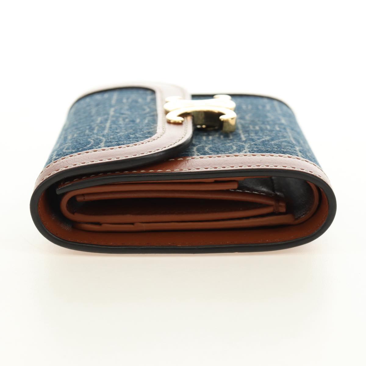 CELINE Triomphe Wallet Denim Blue Gold Auth 184693M