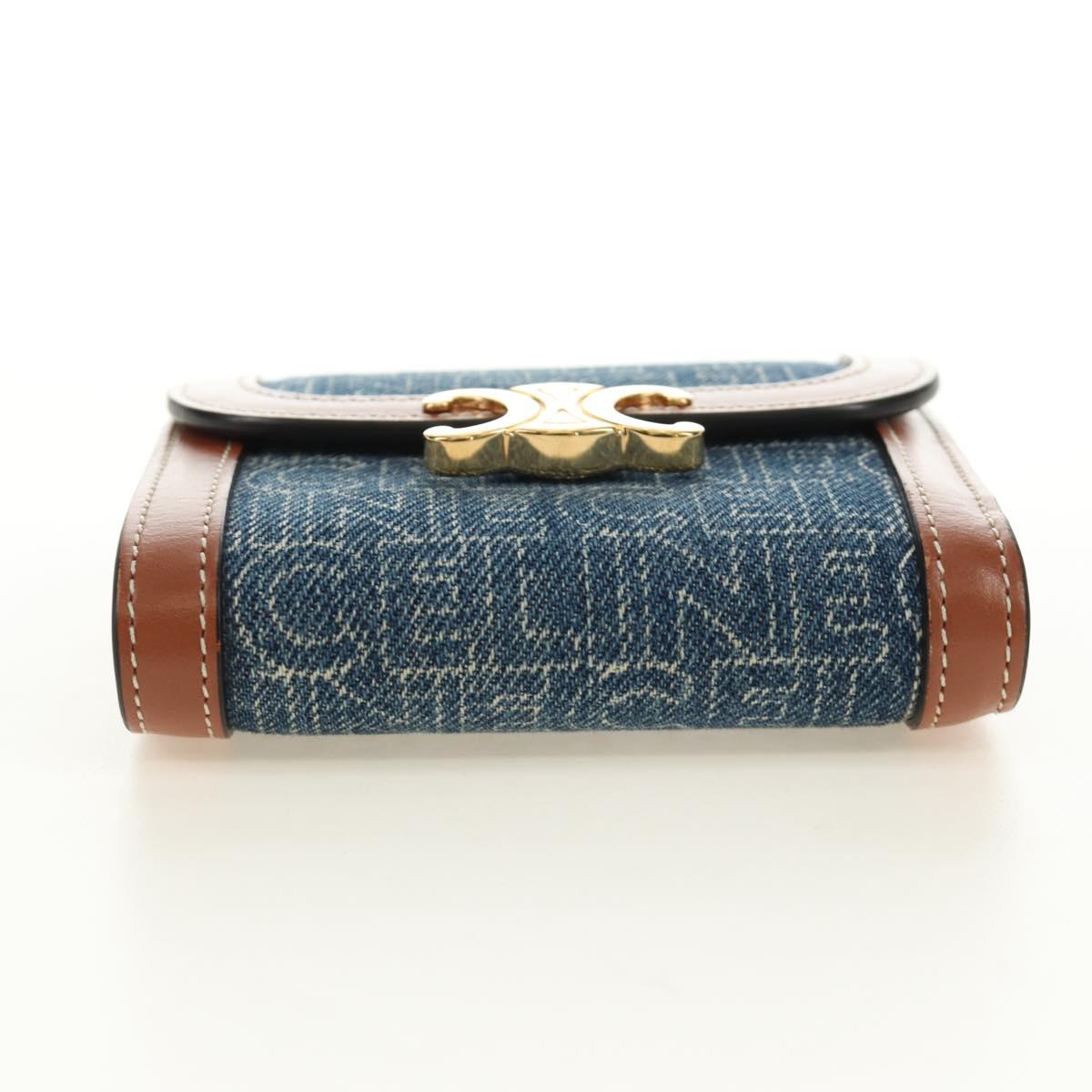 CELINE Triomphe Wallet Denim Blue Gold Auth 184693M