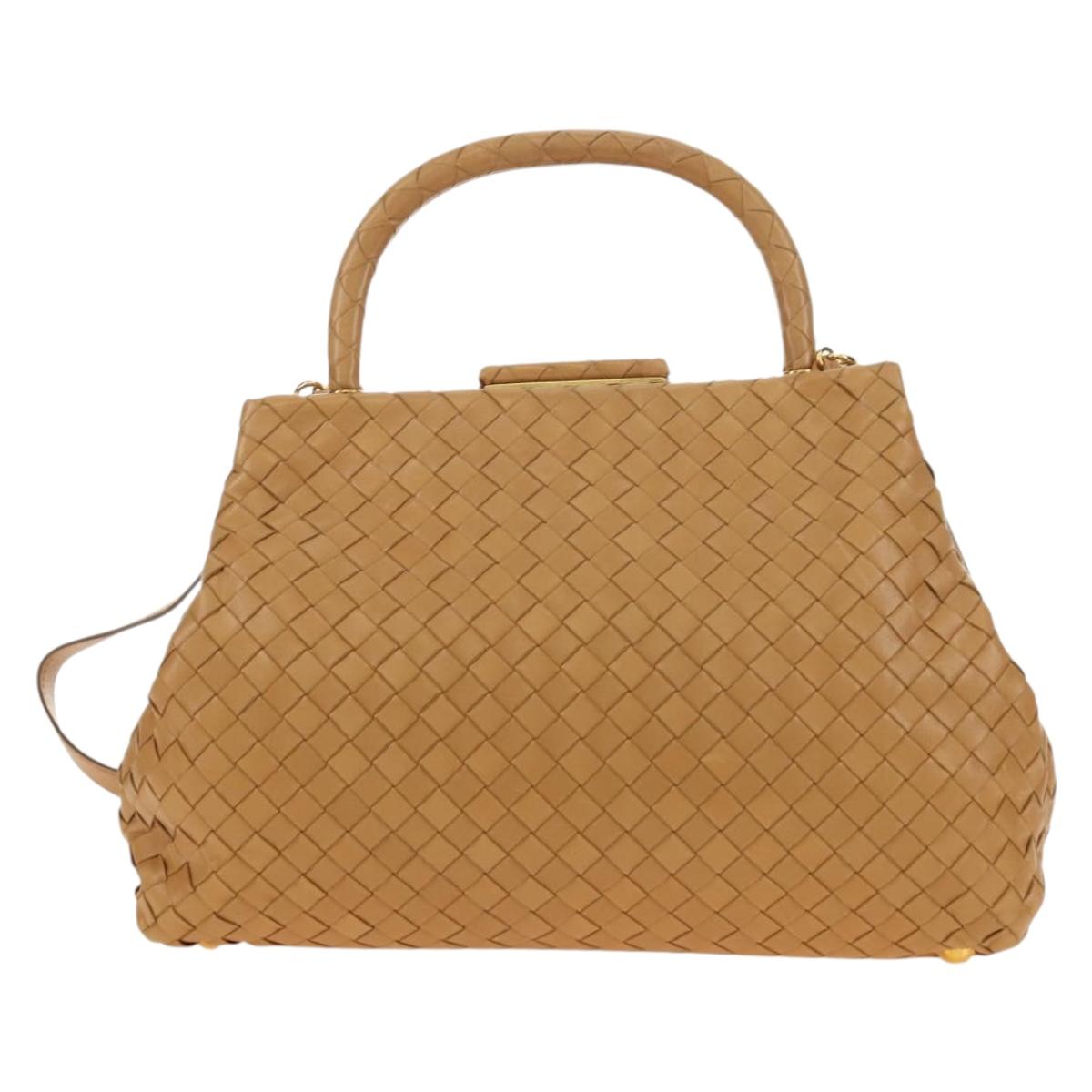 BOTTEGA VENETA INTRECCIATO Hand Bag Leather 2way Beige Gold Auth 184696V