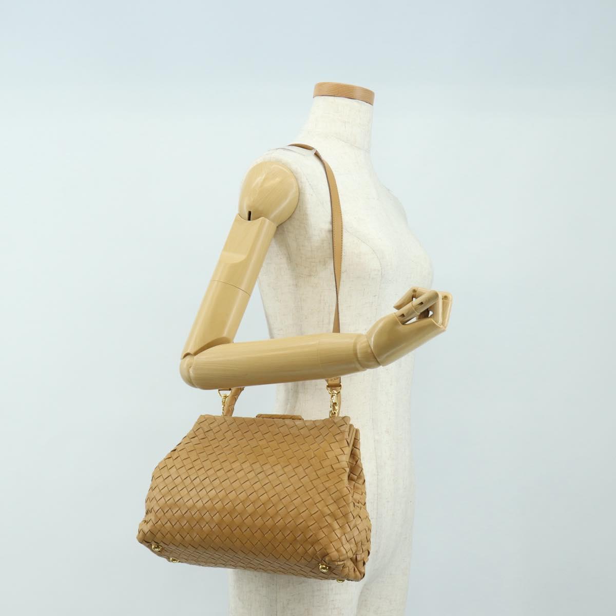 BOTTEGA VENETA INTRECCIATO Hand Bag Leather 2way Beige Gold Auth 184696V