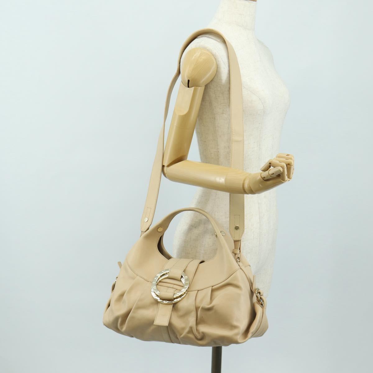BVLGARI Chandra Hand Bag Leather 2way Beige Gold Auth 184697A