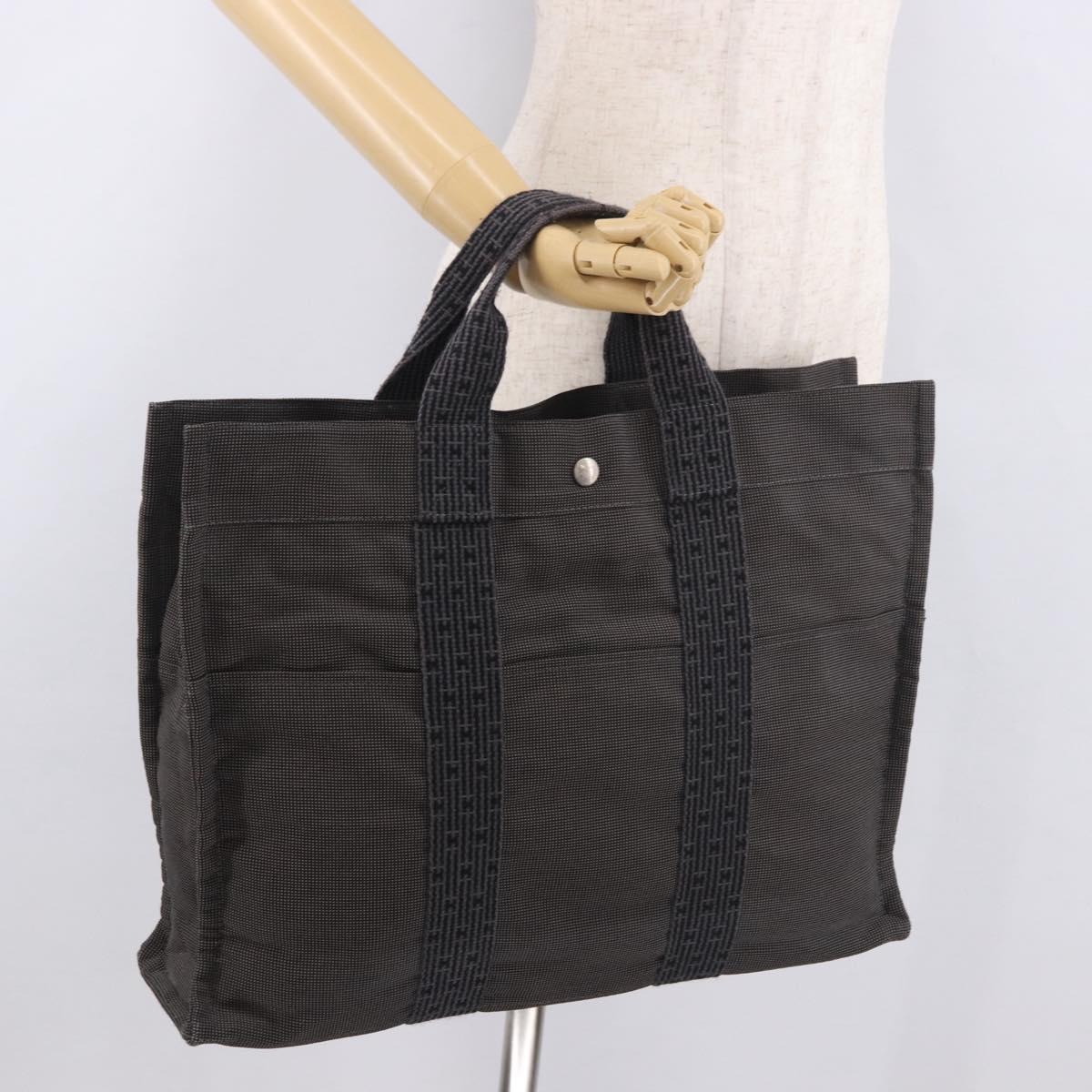 HERMES Her Line MM Hand Bag Canvas Gray Silver Auth 184699