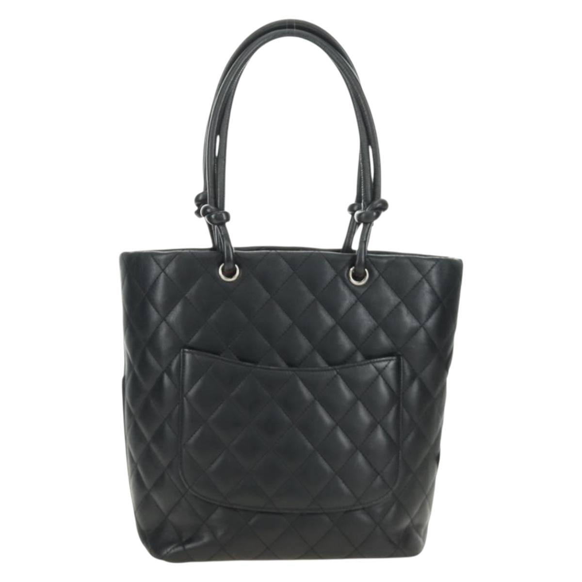 CHANEL Cambon Line Tote Bag Leather Black Silver CC Auth 184706SAV