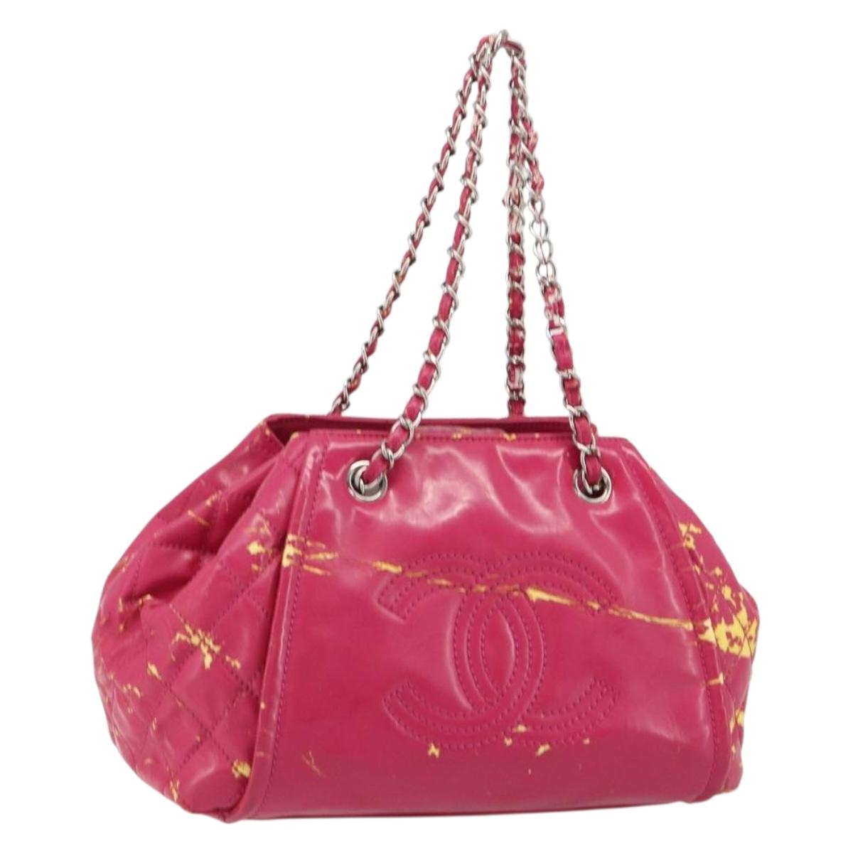 CHANEL Chain Tote Bag Coated Canvas Pink Silver CC Auth 184710