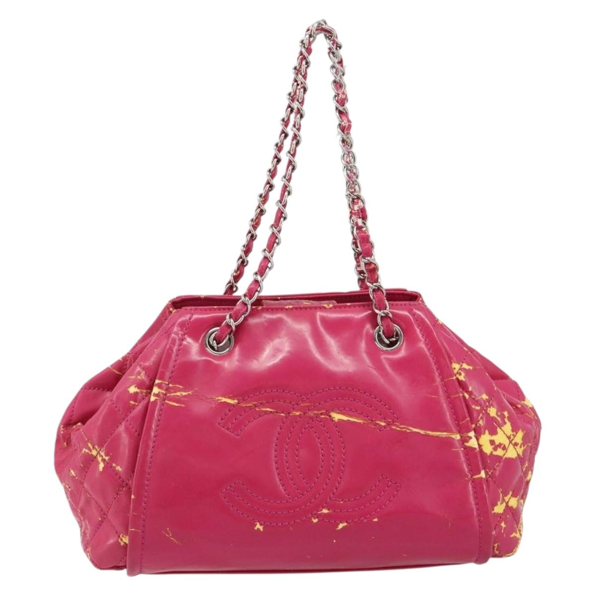 CHANEL Chain Tote Bag Coated Canvas Pink Silver CC Auth 184710