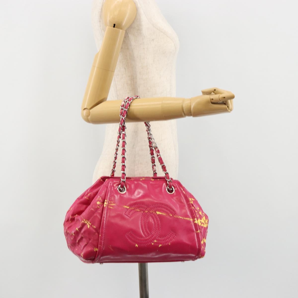 CHANEL Chain Tote Bag Coated Canvas Pink Silver CC Auth 184710