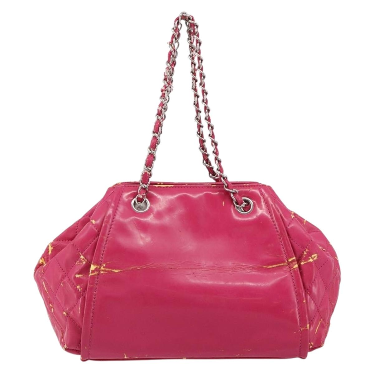 CHANEL Chain Tote Bag Coated Canvas Pink Silver CC Auth 184710