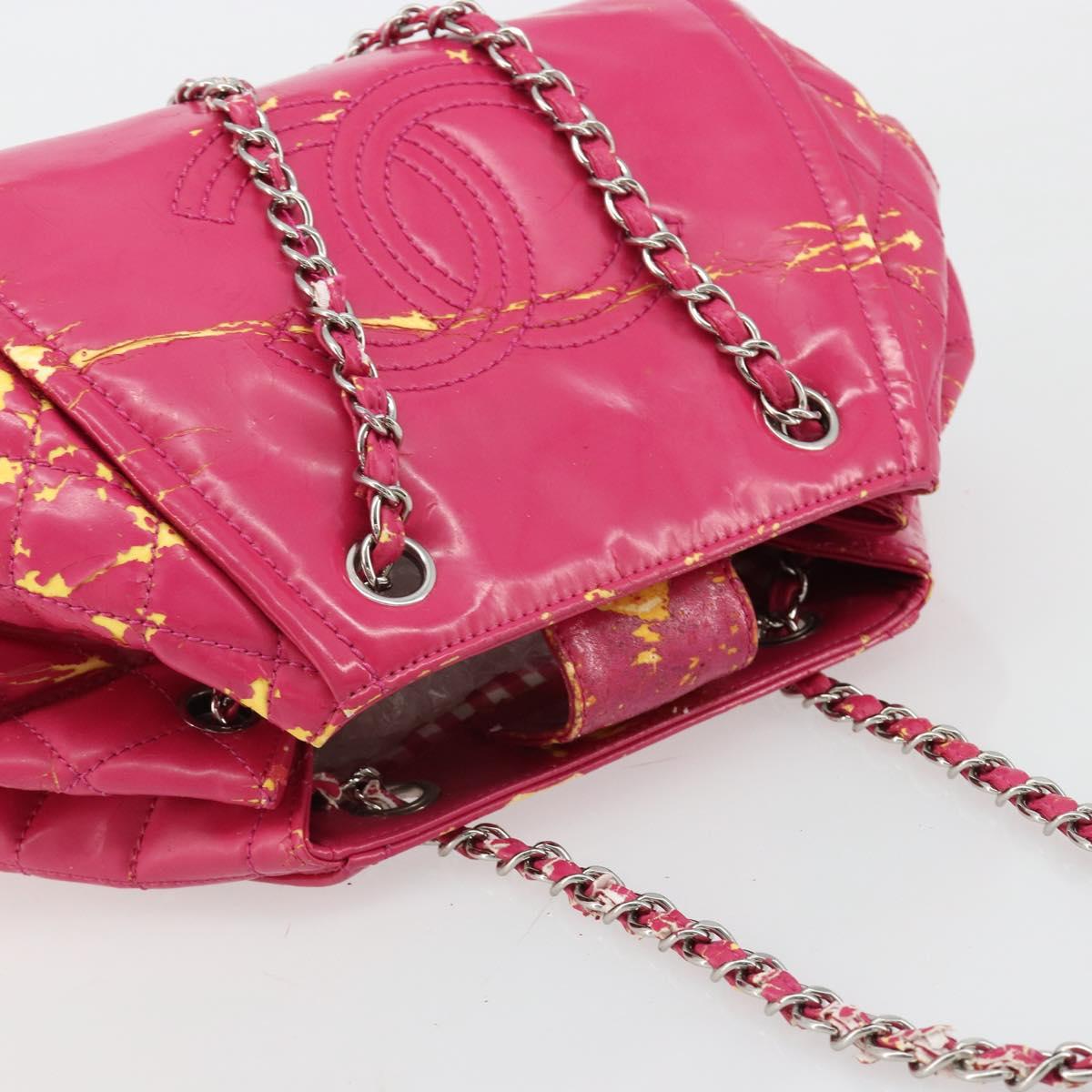 CHANEL Chain Tote Bag Coated Canvas Pink Silver CC Auth 184710