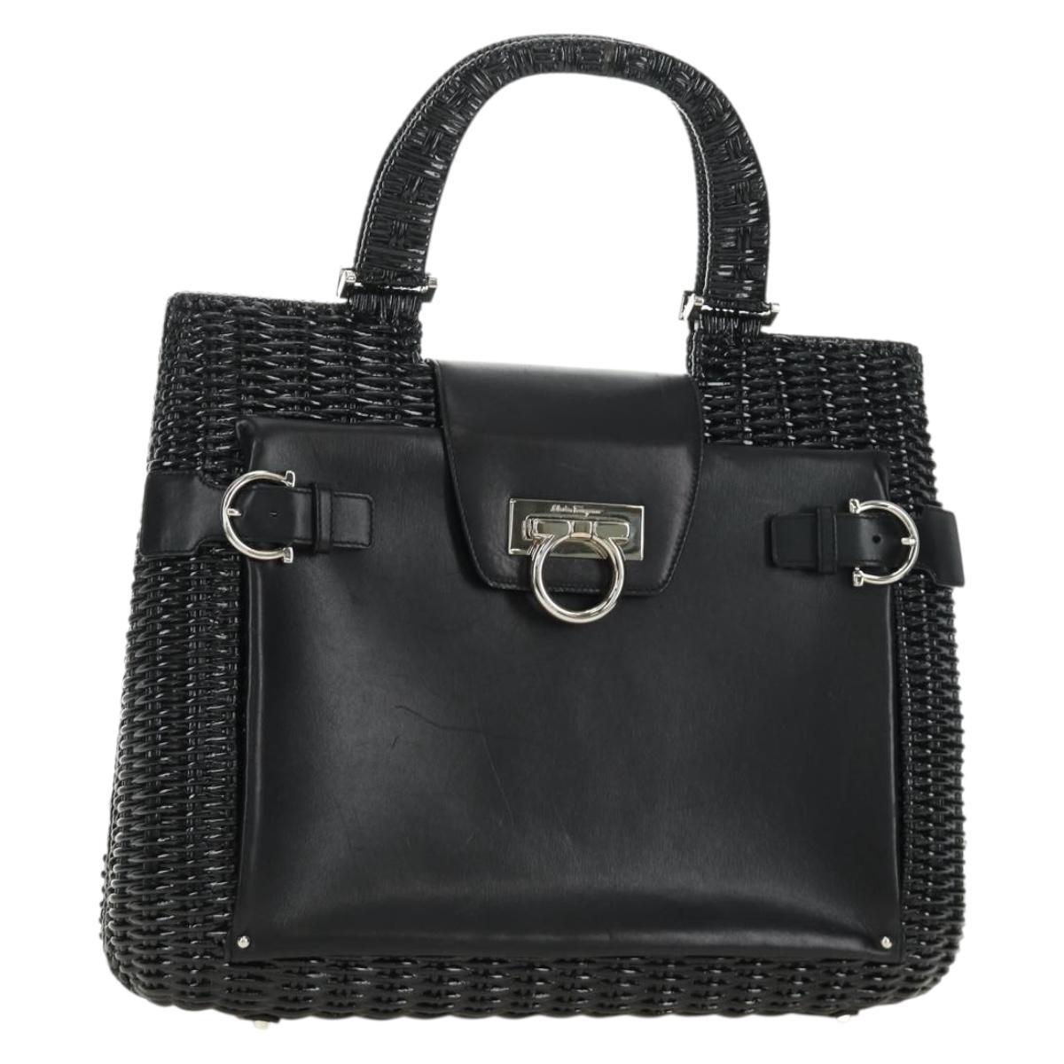 Salvatore Ferragamo Gancini Hand Bag Rattan Black Silver Auth 184711V
