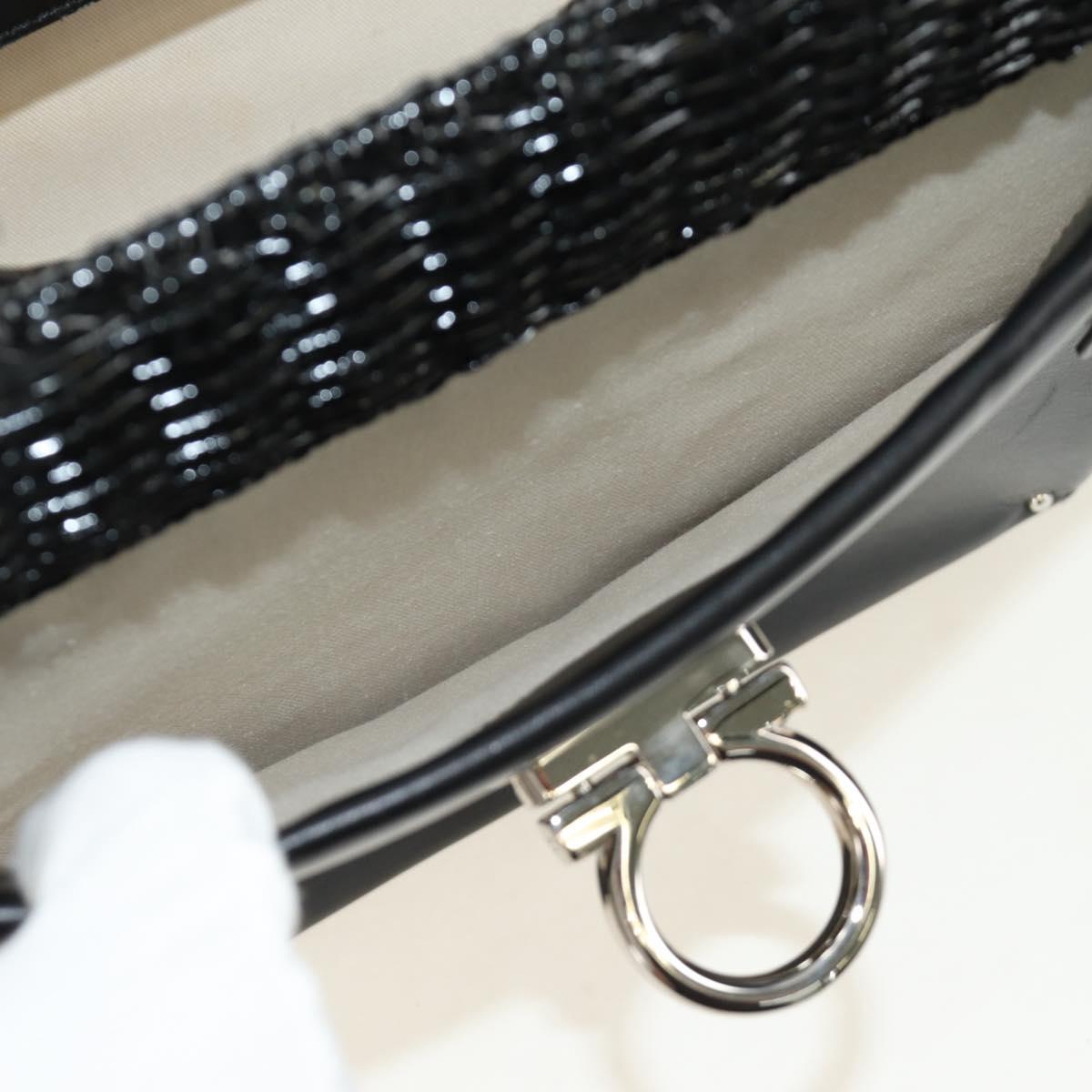 Salvatore Ferragamo Gancini Hand Bag Rattan Black Silver Auth 184711V