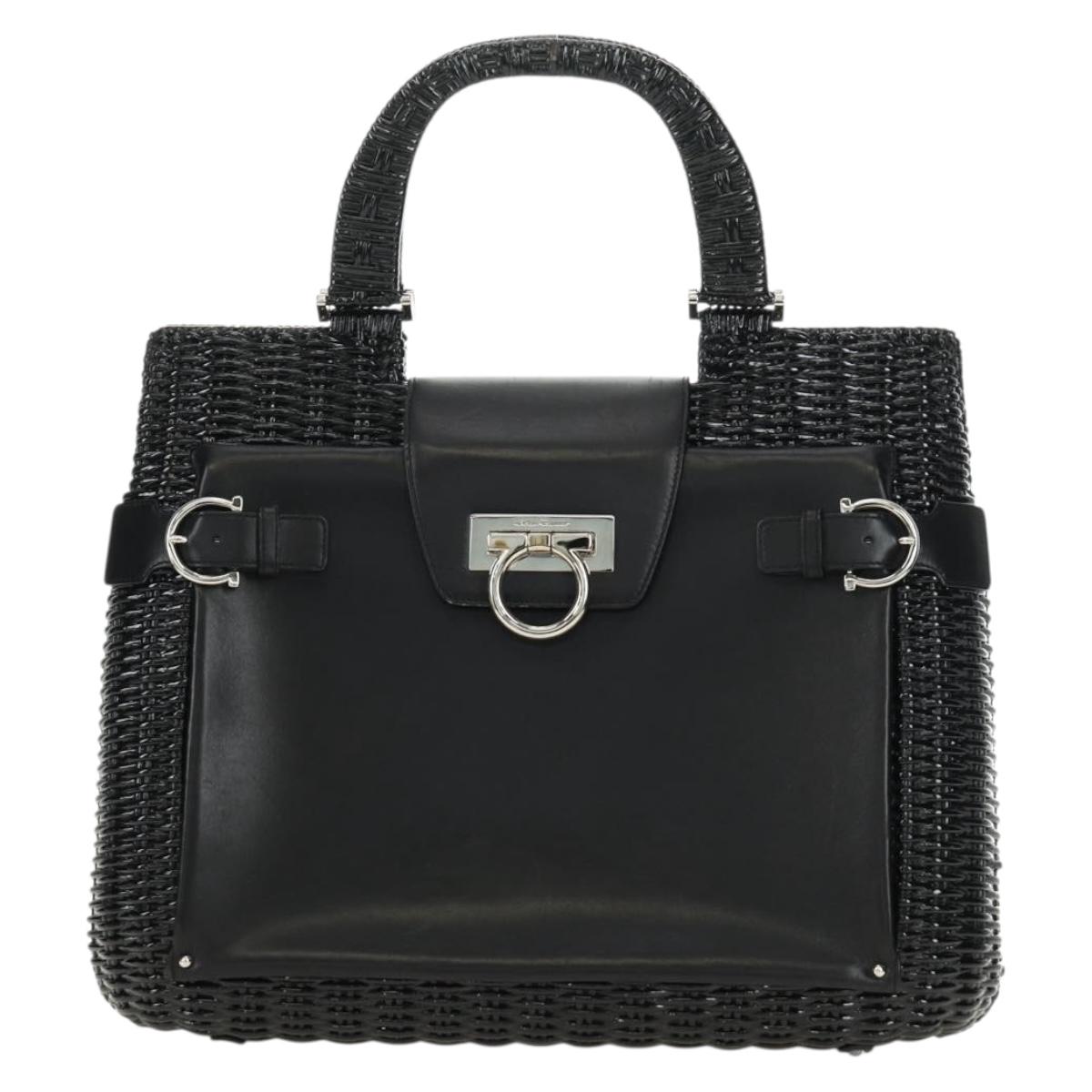 Salvatore Ferragamo Gancini Hand Bag Rattan Black Silver Auth 184711V