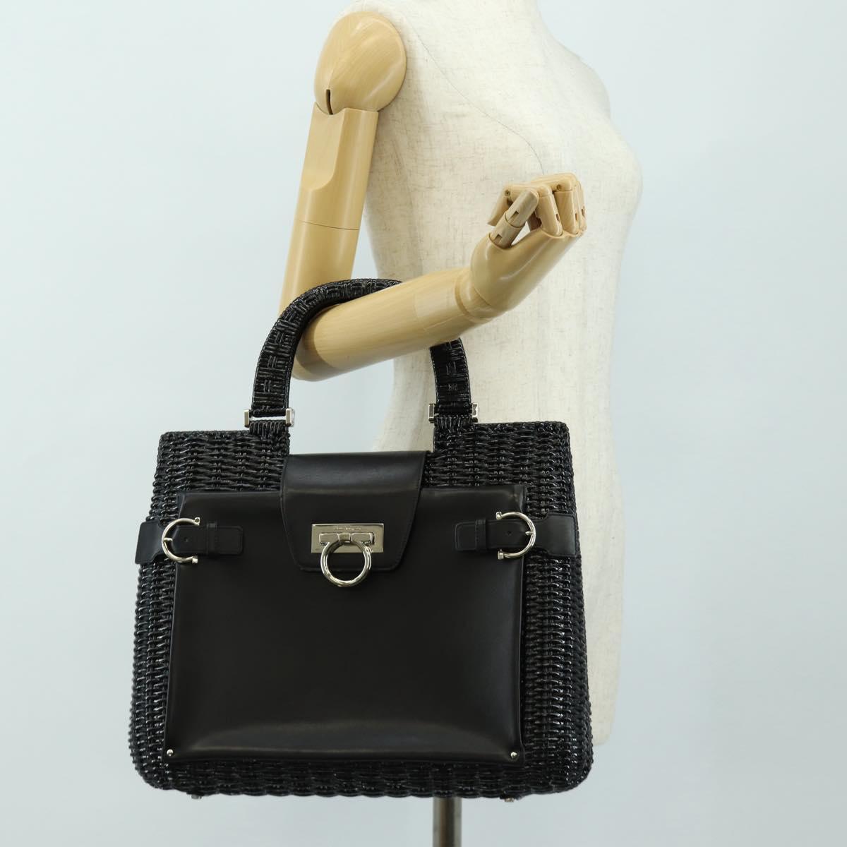 Salvatore Ferragamo Gancini Hand Bag Rattan Black Silver Auth 184711V