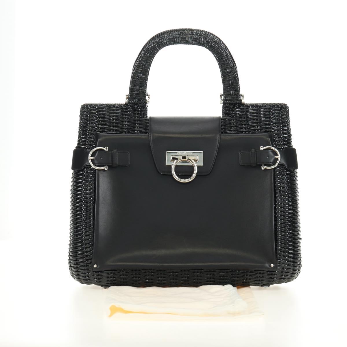 Salvatore Ferragamo Gancini Hand Bag Rattan Black Silver Auth 184711V