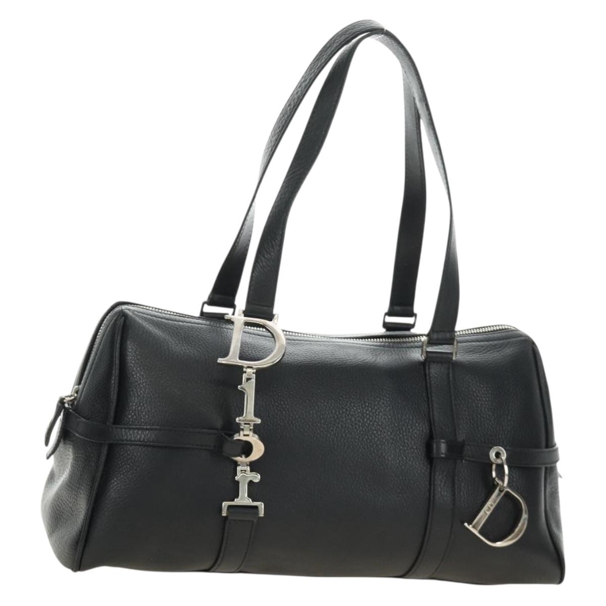 Christian Dior Boston Bag Leather Black Silver Auth 184720SAM