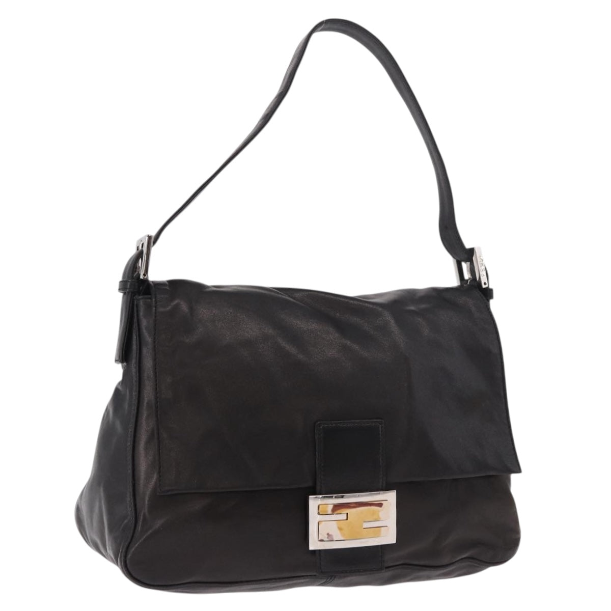 FENDI Mamma Baguette Shoulder Bag Leather Black Silver Auth 184726SAV