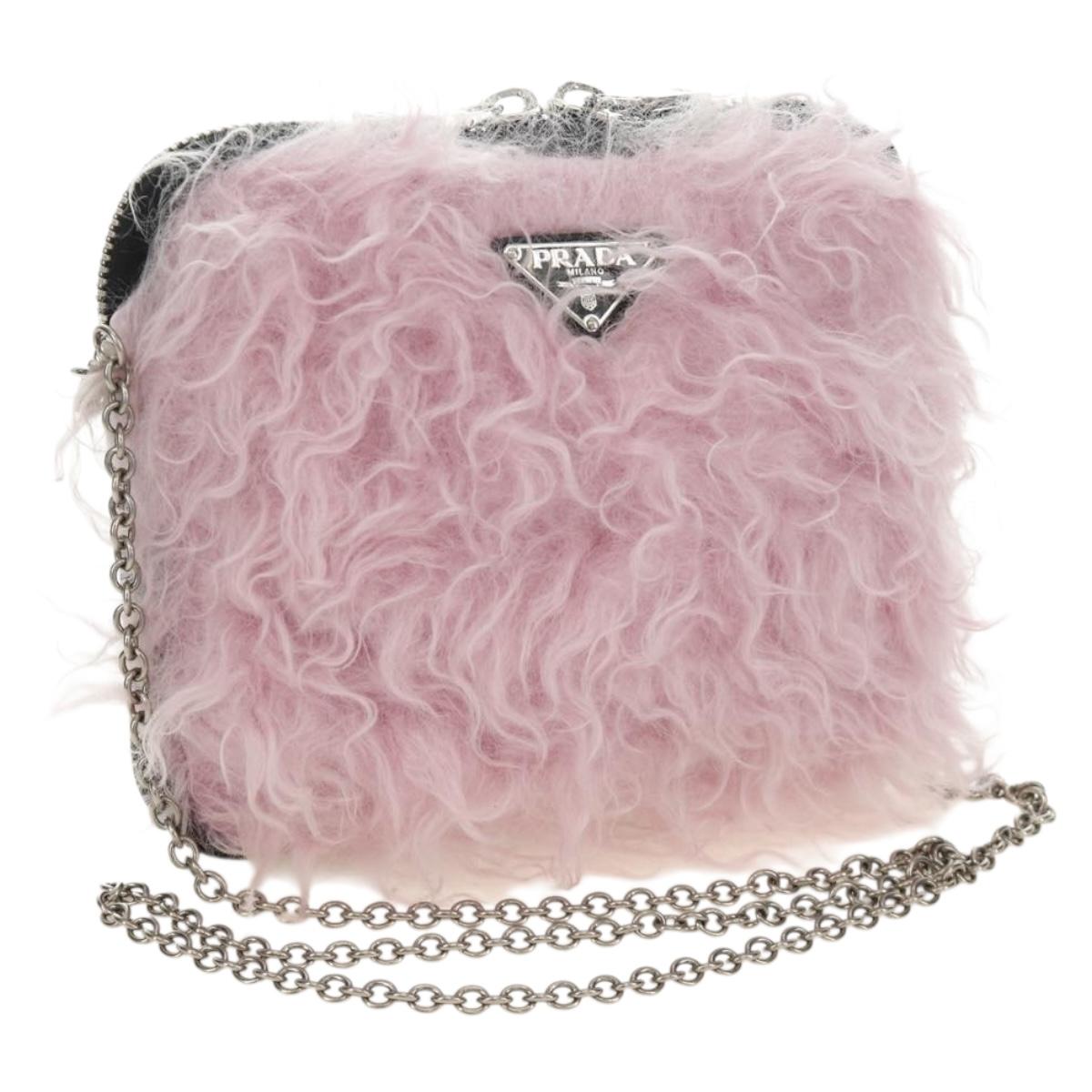 PRADA Chain Shoulder Bag Fur Pink Silver Auth 184728SAM