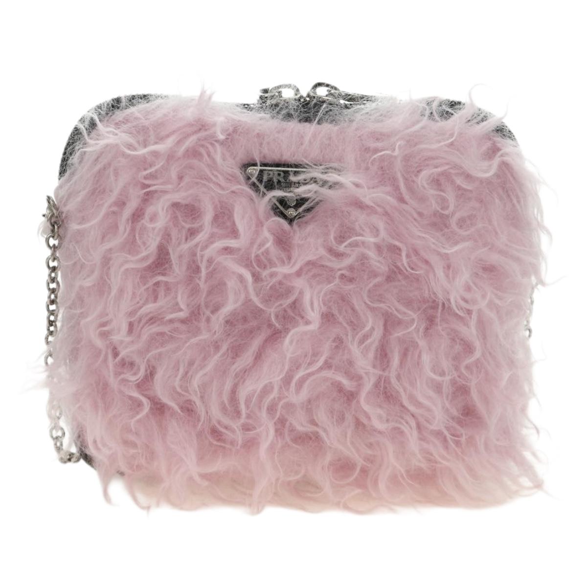 PRADA Chain Shoulder Bag Fur Pink Silver Auth 184728SAM