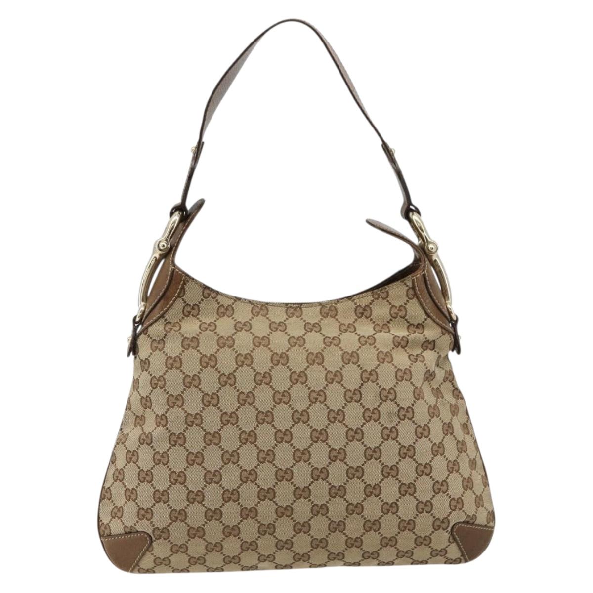 GUCCI GG Canvas Horsebit Shoulder Bag Beige Gold 145826 Auth 184733A