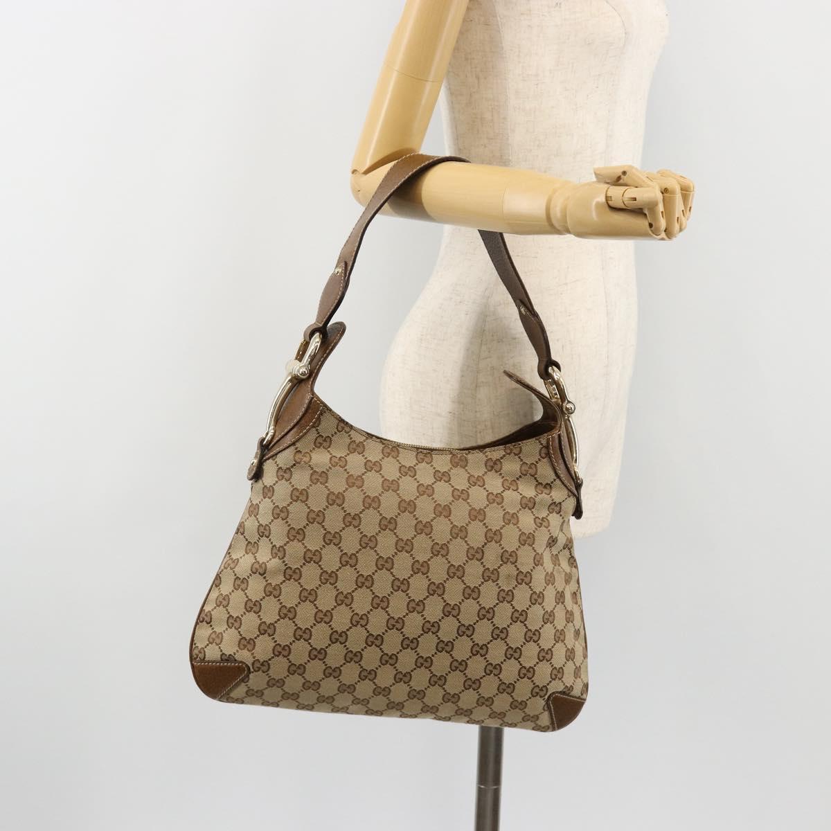 GUCCI GG Canvas Horsebit Shoulder Bag Beige Gold 145826 Auth 184733A
