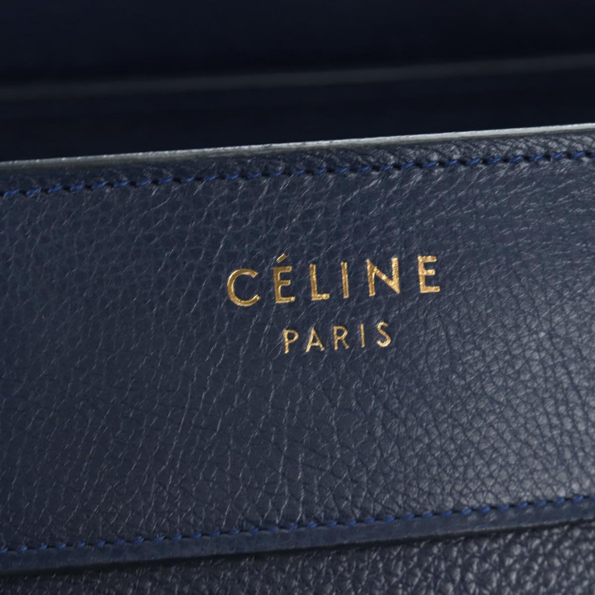 CELINE Luggage Micro Shopper Hand Bag Leather Navy Gold Auth 184734V