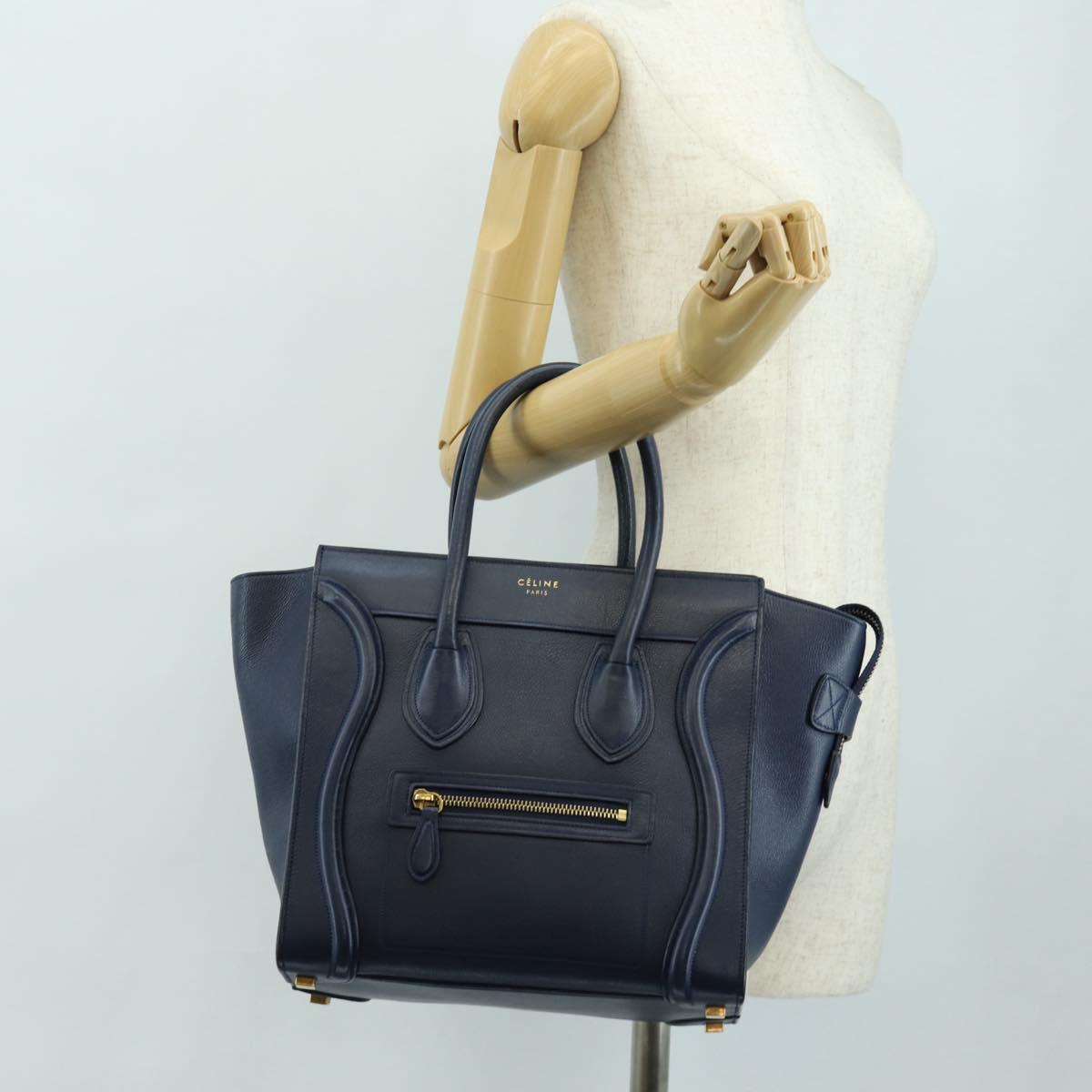 CELINE Luggage Micro Shopper Hand Bag Leather Navy Gold Auth 184734V